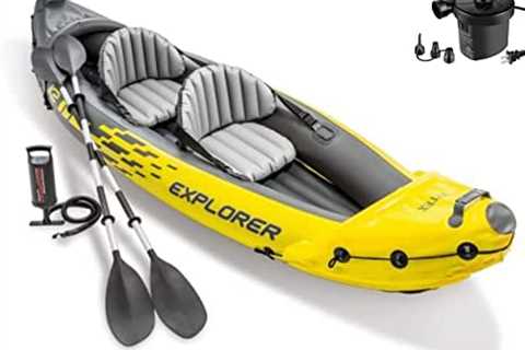 Explorer K2 Kayak, 2 Person Inflatable Kayak Set with Aluminum Oars, Manual & Electric Pumps